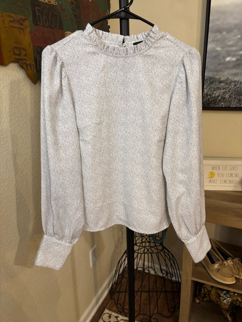 High-Neck White Dot Long-Sleeve Blouse - Picture 2 of 6